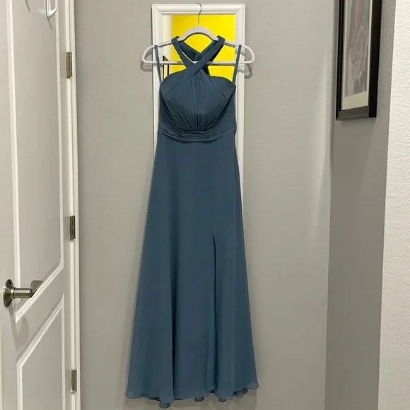 mori lee slate blue bridesmaid dress Satin Bridesmaid Dress Featuring an Off The Shoulder Neckline main image 1